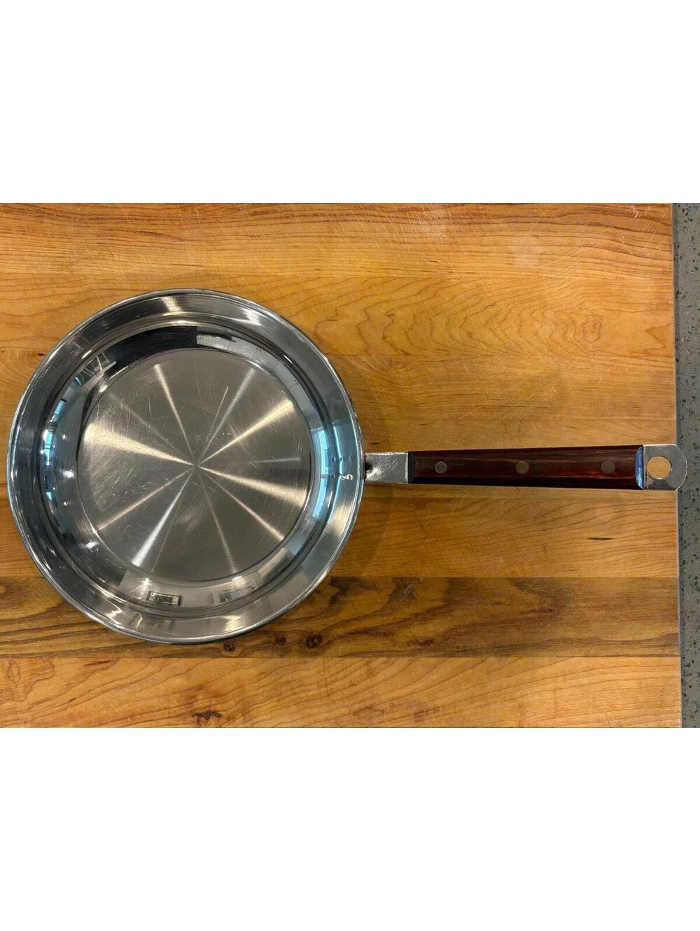 Vintage Stainless Steel 10 Inch Skillet Fry Pan Wood Handle Mid-Century Cookware